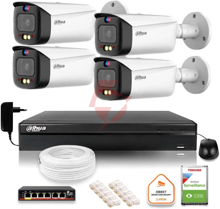 Zestaw monitoringu ip dahua tioc 5mpx 2k 4 kamery tubowa nvr z dyskiem