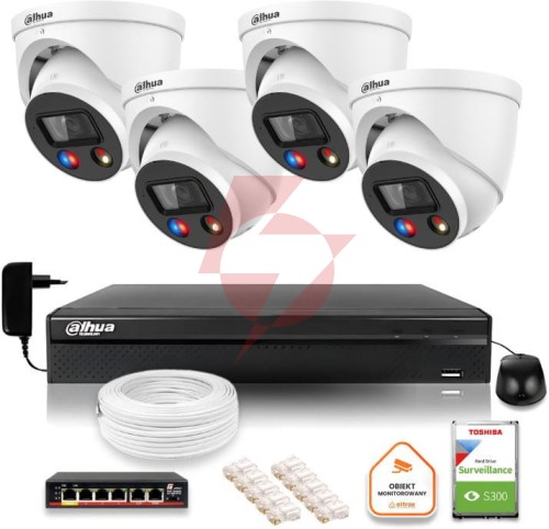 Zestaw monitoringu ip dahua tioc 8mpx 4k 4 kamery z alarmem nvr z dyskiem