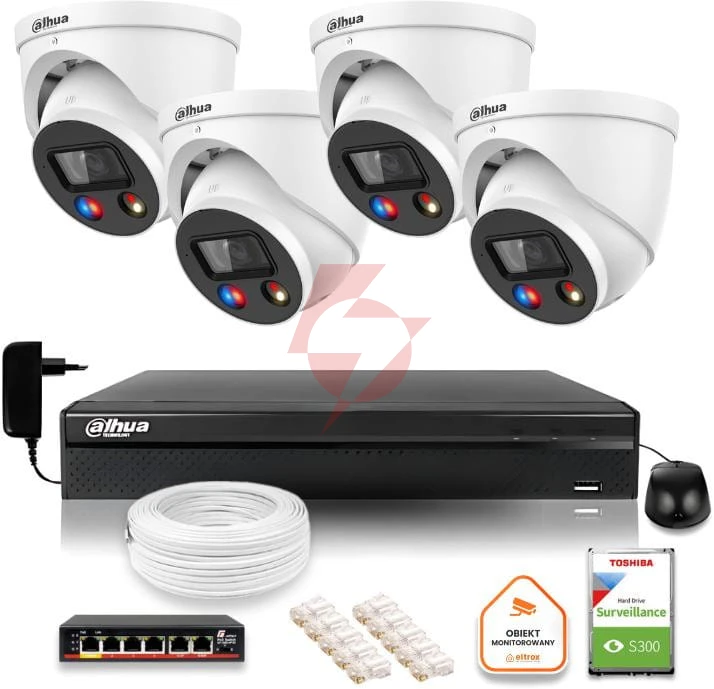 Zestaw monitoringu ip dahua tioc 8mpx 4k 4 kamery z alarmem nvr z dyskiem