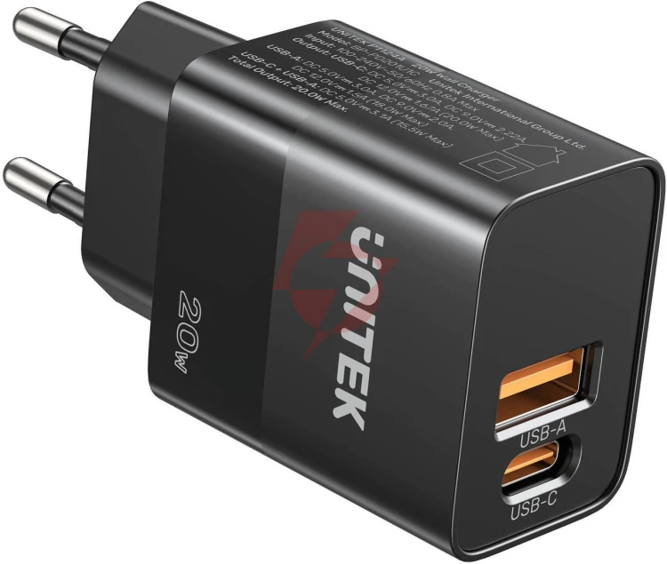 Ładowarka sieciowa unitek 20w czarna (1x usb-a, 1x usb-c)