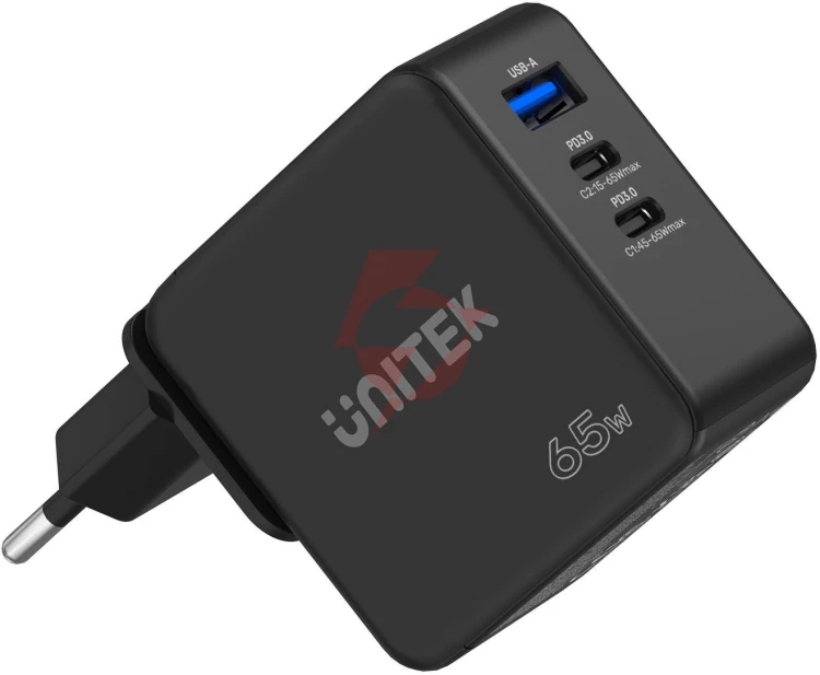 Ładowarka sieciowa unitek 65w gan quick charge (2x usb-c pd + usb-a)