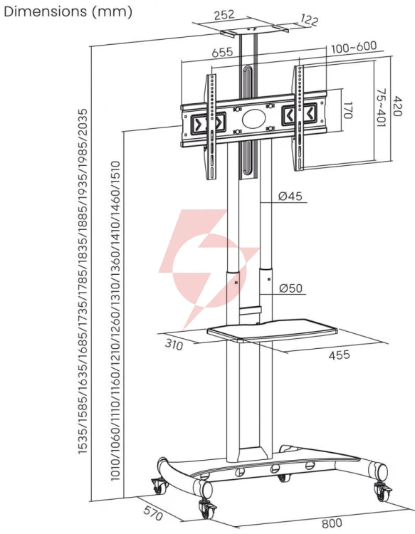 Mobilny stojak+uchwyt do tv 32-70″ 45kg s-12 art vesa 600×400