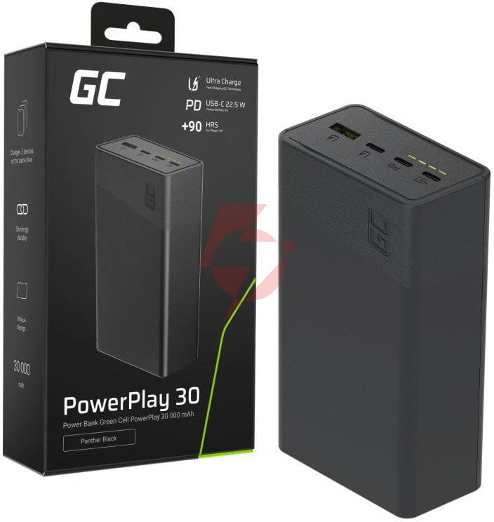 Powerbank greencell powerplay 30 30000mah szybkie ładowanie 22,5w 3x usb-c pd 1x usb-a