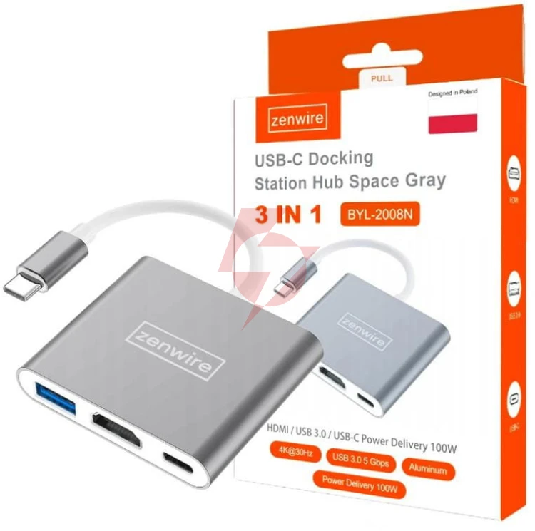 Adapter przejściówka zenwire 3w1 mhl hub usb c hdmi 4k byl-2008n