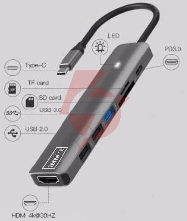 Hub adapter usb-c 7w1 hdmi 4k usb 3.0 sd pd zenwire bs-hc703