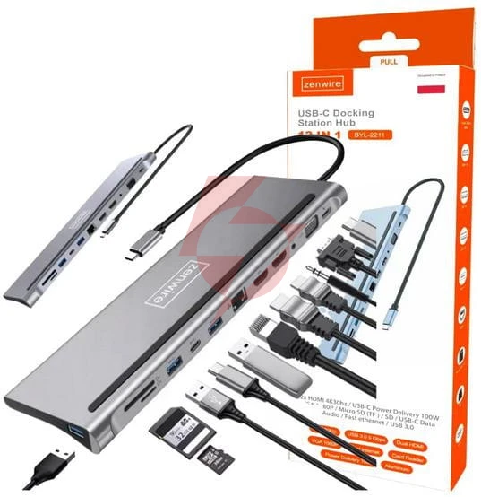 Hub adapter usb-c 12w1 stacja dokująca 2x hdmi 4k ethernet rj45 usb 3.0 byl-2211