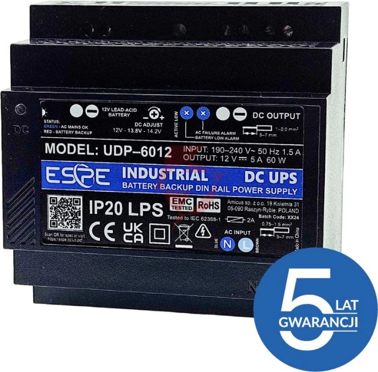 Zasilacz impulsowy buforowy na szynę din espe udp-6012 12 v 60 w 5 a