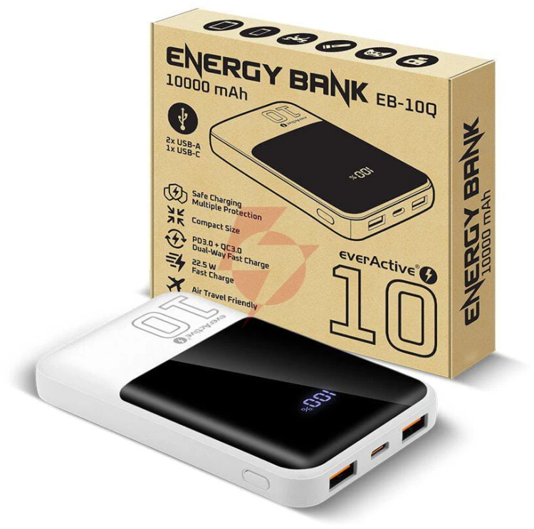 Powerbank everactive energy bank eb-10q 10000 mah 22,5 w 2x usb-a usb-c biały