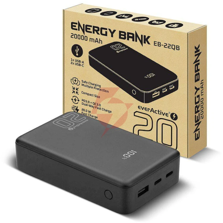 Powerbank everactive energy bank eb-22qb 20000 mah 22,5 w 2x usb-a usb-c czarny