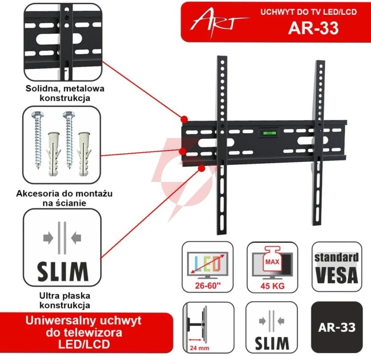 Uchwyt do tv lcd/led 26-60" 45kg ar-33 art bez regulacji 2,4cm