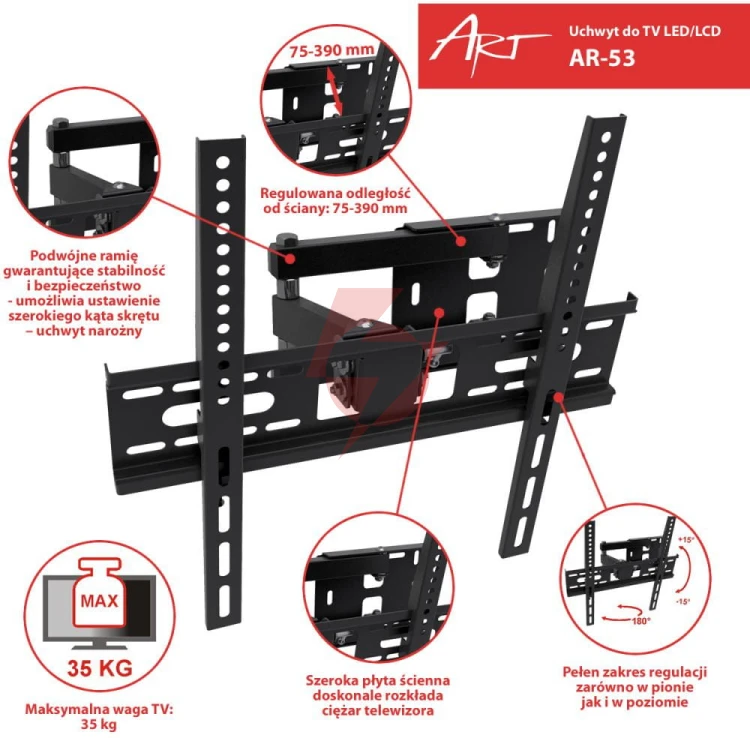 Uchwyt do tv lcd/led 22-55" 35kg ar-53 art reg. pion i poziom