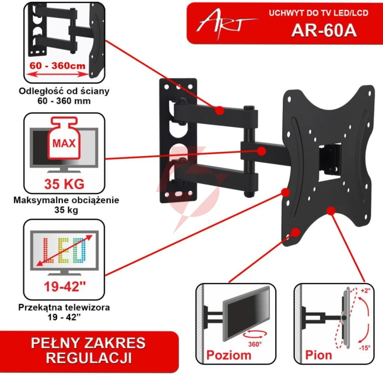 Uchwyt do tv led/lcd 19-42" 35kg ar-60a art reg. pion/poziom