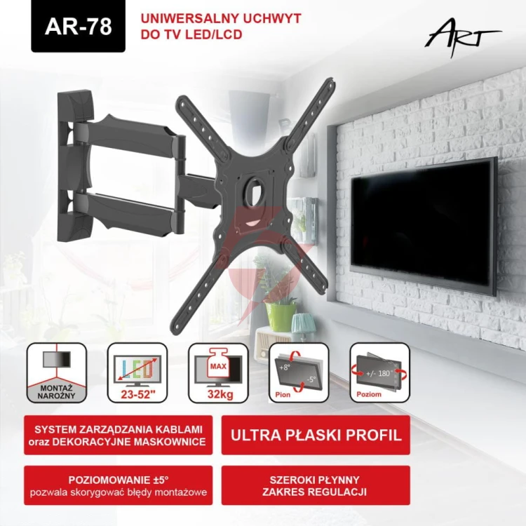 Uchwyt do tv led/lcd 23-52" 32kg ar-78 art reg. pion/poziom 50cm