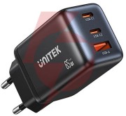 Ładowarka sieciowa unitek gan 65w, 2xusb-c, usb-a, pd 3.0, czarna