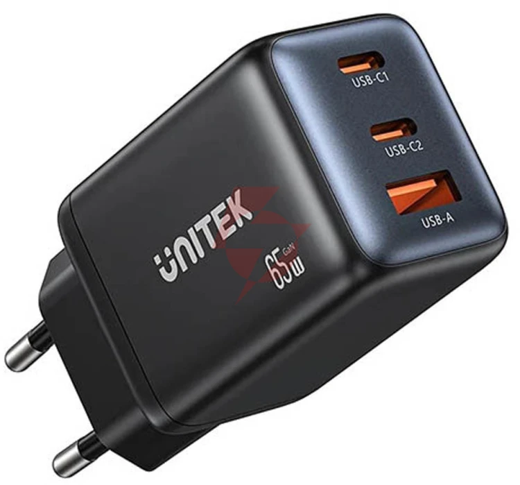 Ładowarka sieciowa unitek gan 65w, 2xusb-c, usb-a, pd 3.0, czarna