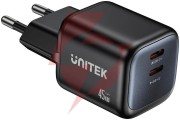 Ładowarka sieciowa unitek gan 45w, 2xusb-c, pd 3.0, qc, czarna