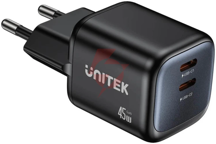 Ładowarka sieciowa unitek gan 45w, 2xusb-c, pd 3.0, qc, czarna