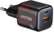Ładowarka sieciowa unitek gan 20w, usb-c, usb-a, pd 3.0, czarna