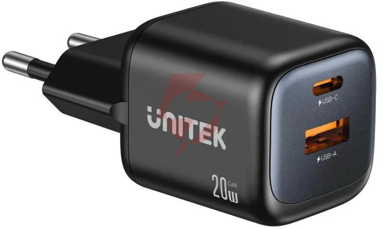 Ładowarka sieciowa unitek gan 20w, usb-c, usb-a, pd 3.0, czarna