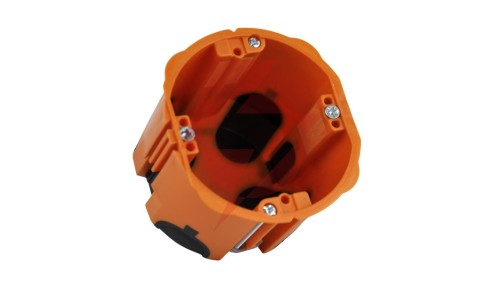 Puszka do pustych ścian PRIMEBOX, głęboka 60mm, fi74, łączeniowa, z wkrętami, wiatroszczelna, pomarańczowa, IP30, A.0101K