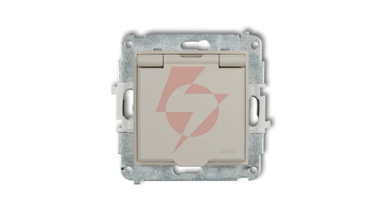 MINI Mechanizm gniazda bryzgoszczelnego z uziemieniem 2P+Z (klapka biały mat, przesłony torów prądowych) taupe 60IGPB-1zp