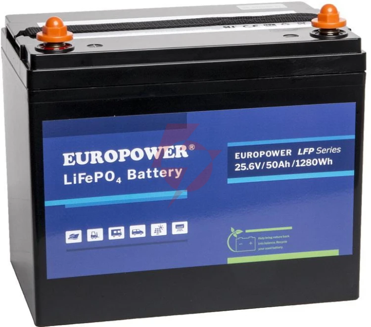Akumulator lifepo4 europower serii lfp 25,6v 50ah bluetooth, mata grzewcza (żywotność ~4000 cykli)