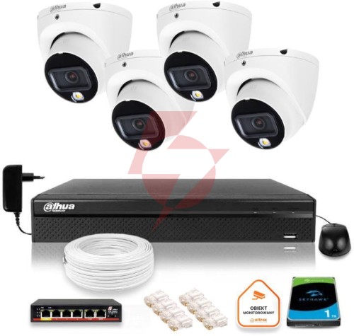 Zestaw monitoringu ip dahua 4 kamery kopułkowe 6mpx dysk 1tb