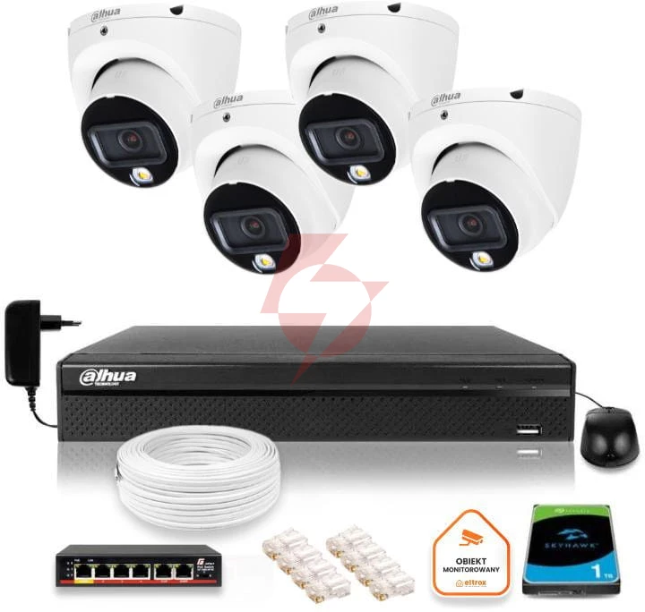 Zestaw monitoringu ip dahua 4 kamery kopułkowe 6mpx dysk 1tb