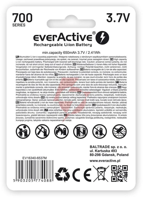 Akumulatorek 16340 / r-cr123 3,7v everactive 700mah (1 szt.) z zabezpieczeniem