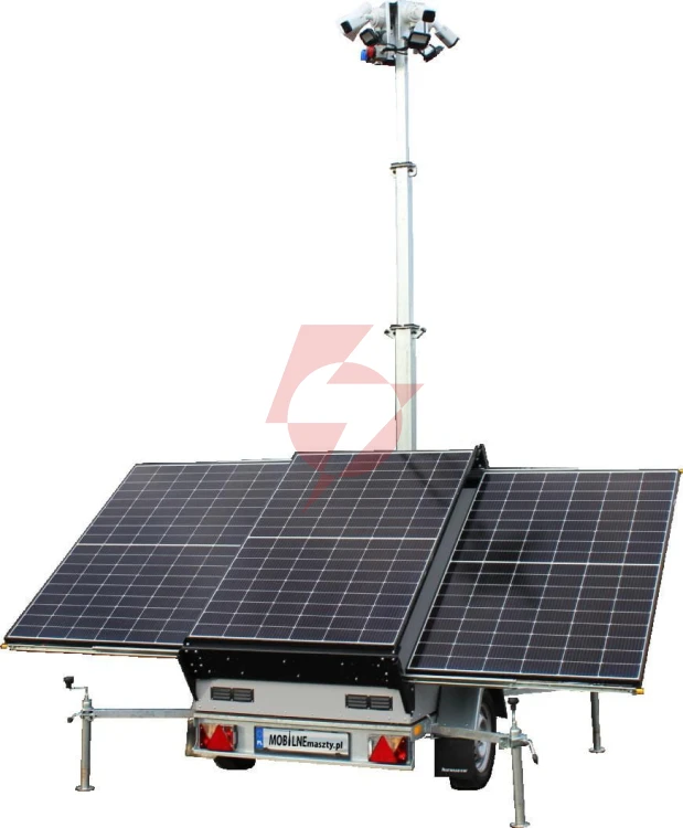 Przyczepa wieża do monitoringu pv3 z zabudową z zasilaniem solarnym