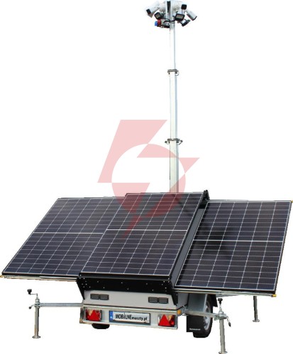 Przyczepa wieża do monitoringu pv3 z zabudową z zasilaniem solarnym i elektroniką na 4 kamery