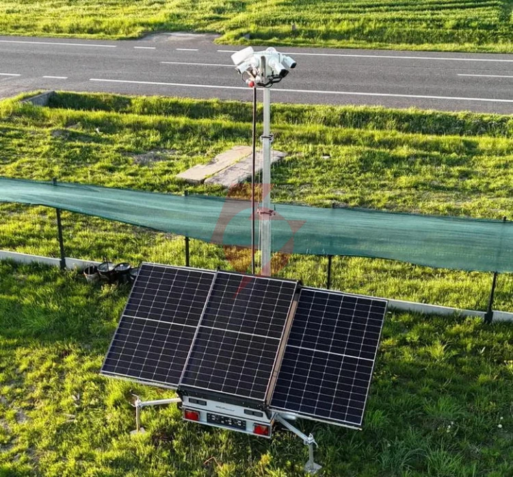 Przyczepa wieża do monitoringu pv3 z zabudową z zasilaniem solarnym i elektroniką na 4 kamery
