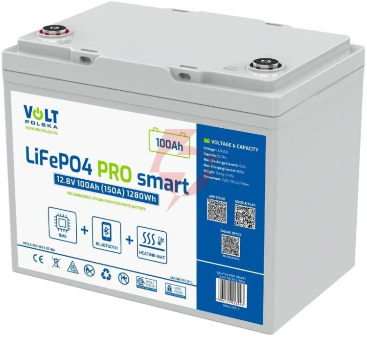 Akumulator lifepo4 volt polska pro smart 12,8v 100 ah (150a) bms bluetooth + mata grzewcza