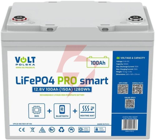 Akumulator lifepo4 volt polska pro smart 12,8v 100 ah (150a) bms bluetooth + mata grzewcza