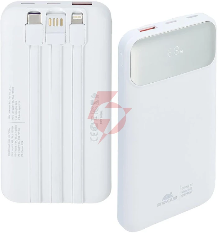 Powerbank rivacase 10000mah 22.5w pd 2x usb-c 1x usb-a va2211 biały + kabel usb-c i lightning
