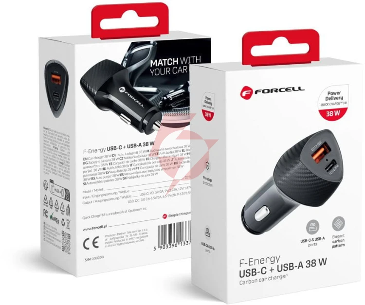 Ładowarka samochodowa forcell carbon cc50-1a1c 38 w 1x usb-c 1x usb-a pd 3.0 qc 3.0 czarna