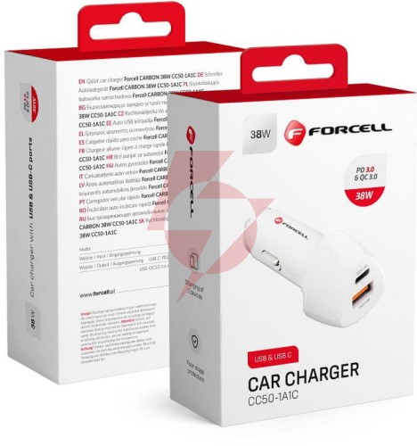 Ładowarka samochodowa forcell carbon cc50-1a1c 38 w 1x usb-c 1x usb-a pd 3.0 qc 3.0 biała