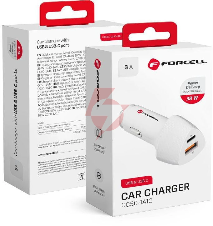 Ładowarka samochodowa forcell carbon cc50-1a1c 38 w 1x usb-c 1x usb-a pd 3.0 qc 3.0 biała