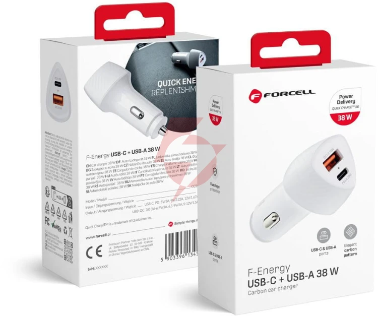 Ładowarka samochodowa forcell carbon cc50-1a1c 38 w 1x usb-c 1x usb-a pd 3.0 qc 3.0 biała