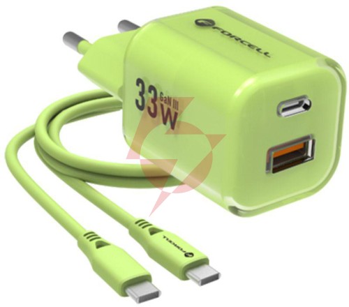 Ładowarka sieciowa forcell f-energy gan iii vt-41 33 w 1x usb-c 1x usb-a pd 3.0 qc 4.0 zielona