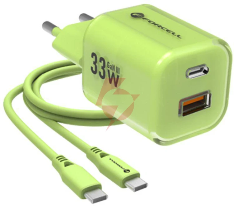 Ładowarka sieciowa forcell f-energy gan iii vt-41 33 w 1x usb-c 1x usb-a pd 3.0 qc 4.0 zielona