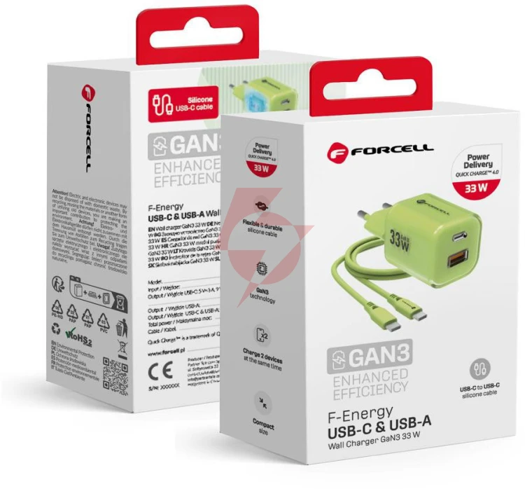 Ładowarka sieciowa forcell f-energy gan iii vt-41 33 w 1x usb-c 1x usb-a pd 3.0 qc 4.0 zielona
