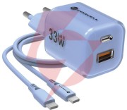 Ładowarka sieciowa forcell f-energy gan iii vt-41 33 w 1x usb-c 1x usb-a pd 3.0 qc 4.0 niebieska
