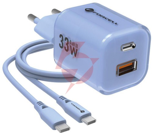 Ładowarka sieciowa forcell f-energy gan iii vt-41 33 w 1x usb-c 1x usb-a pd 3.0 qc 4.0 niebieska