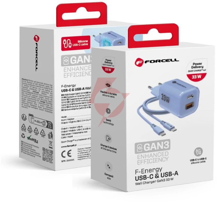 Ładowarka sieciowa forcell f-energy gan iii vt-41 33 w 1x usb-c 1x usb-a pd 3.0 qc 4.0 niebieska