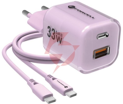 Ładowarka sieciowa forcell f-energy gan iii vt-41 33 w 1x usb-c 1x usb-a pd 3.0 qc 4.0 fioletowa