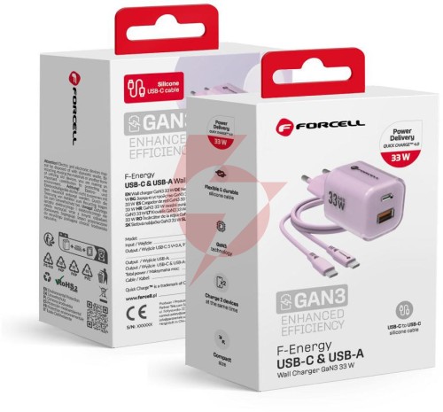 Ładowarka sieciowa forcell f-energy gan iii vt-41 33 w 1x usb-c 1x usb-a pd 3.0 qc 4.0 fioletowa