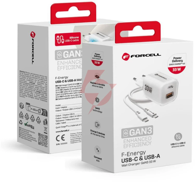 Ładowarka sieciowa forcell f-energy gan iii vt-41 33 w 1x usb-c 1x usb-a pd 3.0 qc 4.0 biała
