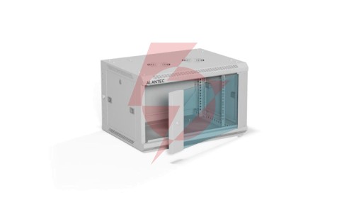 Szafa rack wisząca 19 cali 6U 600x450, drzwi szklane, tył i osłony boczne demontowalne, FLAT PACK kolor szary ALANTEC