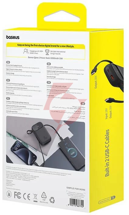 Powerbank baseus qpow 2 10000mah 30w z 2 wbudowanymi kablami usb-c - czarny